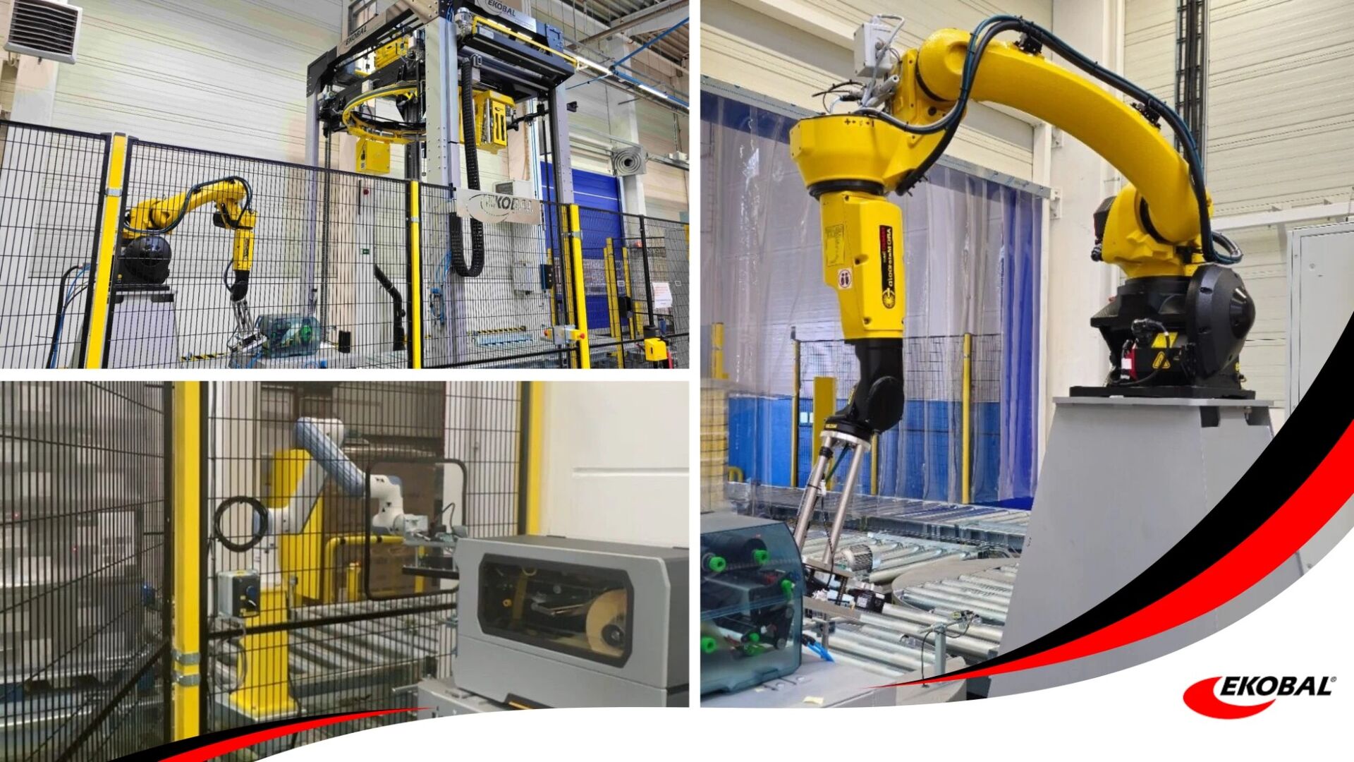 obotická pracoviště Ekobal: robot u ovíjecího stroje, kobot u tiskárny etiket a průmyslový robot nad dopravníkem