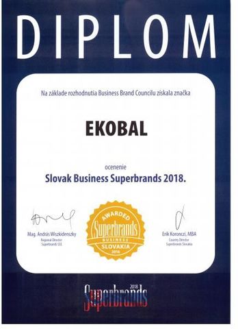 Diplom, ako oficiálne ocenenie značky EKOBAL cenou Slovak Superbrands 2018.
