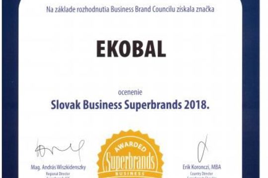 Diplom, ako oficiálne ocenenie značky EKOBAL cenou Slovak Superbrands 2018.